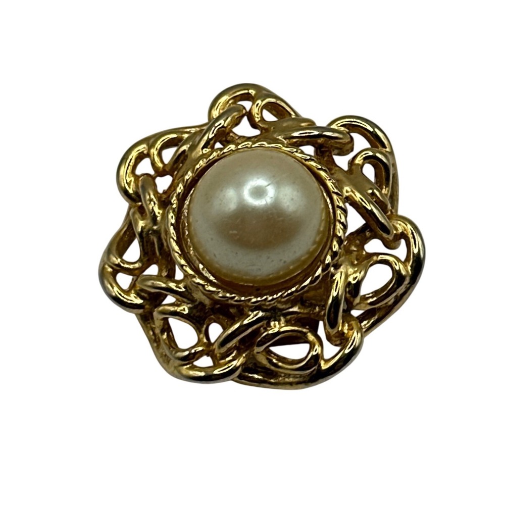Vintage Gold Tone Faux Pearl Clip On Earring Single Replacement Floral Sunburst